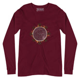 A maroon Xigfireon long sleeve graphic tee featuring the Eclipsed iteration of the `Morning Star Fire` Celtic knot design, inspired by the 2023 Annular Solar Eclipse.