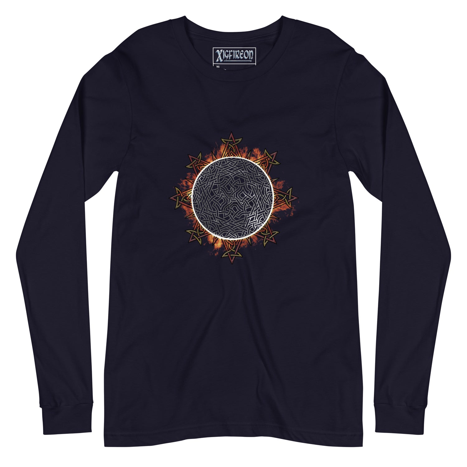 A navy blue Xigfireon long sleeve graphic tee featuring the Eclipsed iteration of the `Morning Star Fire` Celtic knot design, inspired by the 2023 Annular Solar Eclipse.