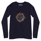 A navy blue Xigfireon long sleeve graphic tee featuring the Eclipsed iteration of the `Morning Star Fire` Celtic knot design, inspired by the 2023 Annular Solar Eclipse.