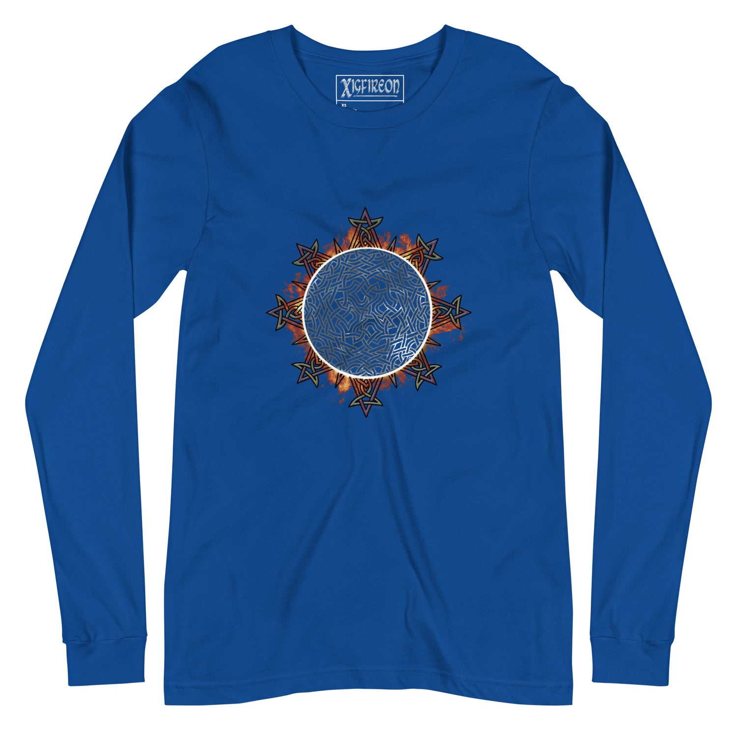 A true royal blue Xigfireon long sleeve graphic tee featuring the Eclipsed iteration of the `Morning Star Fire` Celtic knot design, inspired by the 2023 Annular Solar Eclipse.