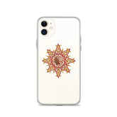 An iPhone 11 in a Xigfireon clear phone case featuring the Fire Colour iteration of the `Morning Star Fire` Celtic knot design. The `Morning Star Fire` Celtic knot design represents Father Sun.