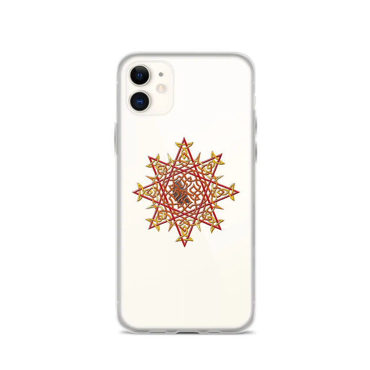 An iPhone 11 in a Xigfireon clear phone case featuring the Fire Colour iteration of the `Morning Star Fire` Celtic knot design. The `Morning Star Fire` Celtic knot design represents Father Sun.