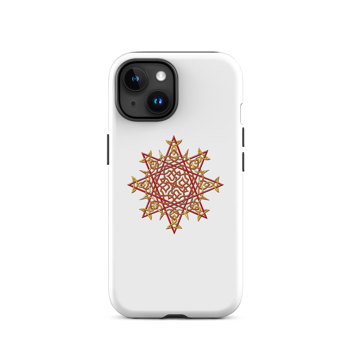 An iPhone 15 in a Xigfireon glossy white tough phone case featuring the Fire Colour iteration of the `Morning Star Fire` Celtic knot design. The `Morning Star Fire` Celtic knot represents the Sun.