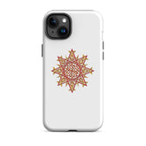 An iPhone 15 Plus in a Xigfireon glossy white tough phone case featuring the Fire Colour iteration of the `Morning Star Fire` Celtic knot design. The `Morning Star Fire` Celtic knot represents the Sun.