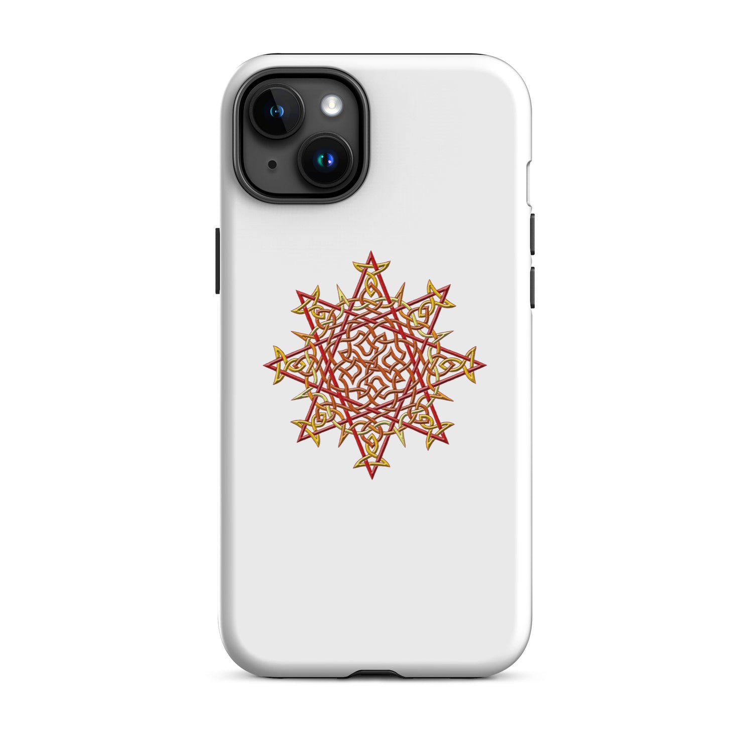 An iPhone 15 Plus in a Xigfireon matte white tough phone case featuring the Fire Colour iteration of the `Morning Star Fire` Celtic knot design. The `Morning Star Fire` Celtic knot represents the Sun.