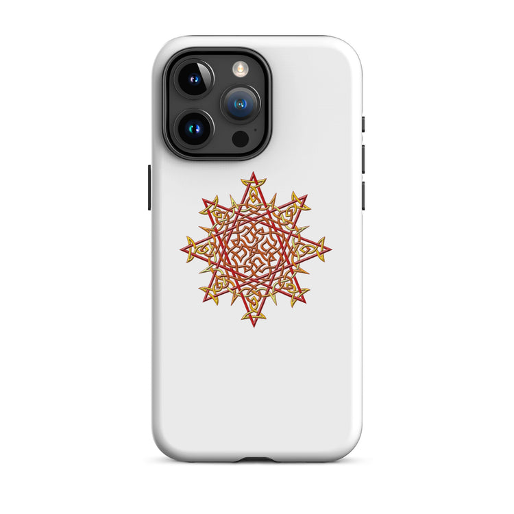 An iPhone 15 Pro Max in a Xigfireon glossy white tough phone case featuring the Fire Colour iteration of the `Morning Star Fire` Celtic knot design. The `Morning Star Fire` Celtic knot represents the Sun.