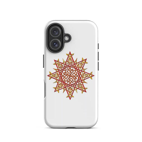 An iPhone 16 in a Xigfireon glossy white tough phone case featuring the Fire Colour iteration of the `Morning Star Fire` Celtic knot design. The `Morning Star Fire` Celtic knot symbolizes the Sun.