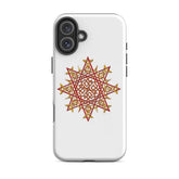 An iPhone 16 Plus in a Xigfireon glossy white tough phone case featuring the Fire Colour iteration of the `Morning Star Fire` Celtic knot design. The `Morning Star Fire` Celtic knot symbolizes the Sun.
