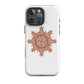 An iPhone 16 Pro Max in a Xigfireon glossy white tough phone case featuring the Fire Colour iteration of the `Morning Star Fire` Celtic knot design. The `Morning Star Fire` Celtic knot symbolizes the Sun.