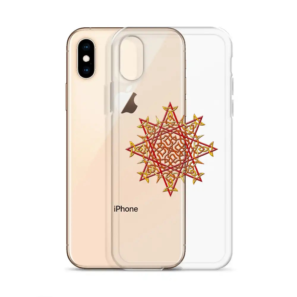 An iPhone XS behind a Xigfireon clear phone case featuring the Fire Colour iteration of the `Morning Star Fire` Celtic knot design. The `Morning Star Fire` Celtic knot design represents Father Sun.