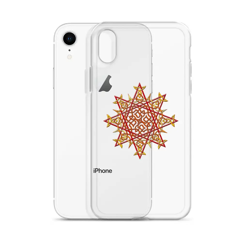 An iPhone XR behind a Xigfireon clear phone case featuring the Fire Colour iteration of the `Morning Star Fire` Celtic knot design. The `Morning Star Fire` Celtic knot design represents Father Sun.