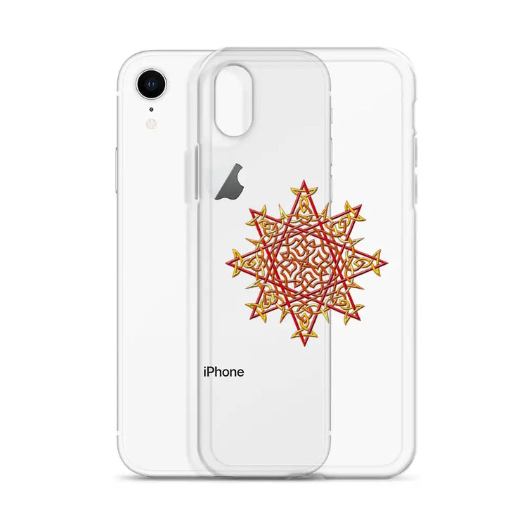 An iPhone XR behind a Xigfireon clear phone case featuring the Fire Colour iteration of the `Morning Star Fire` Celtic knot design. The `Morning Star Fire` Celtic knot design represents Father Sun.