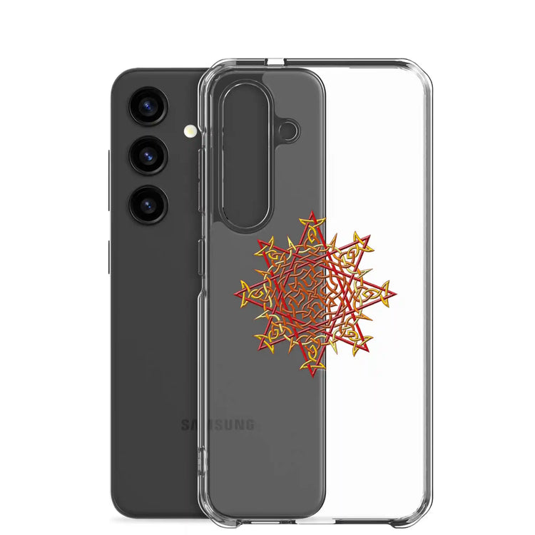 A Samsung Galaxy S24 behind a Xigfireon clear phone case featuring the Fire Colour iteration of the `Morning Star Fire` Celtic knot design. The `Morning Star Fire` Celtic knot design symbolizes Father Sun.