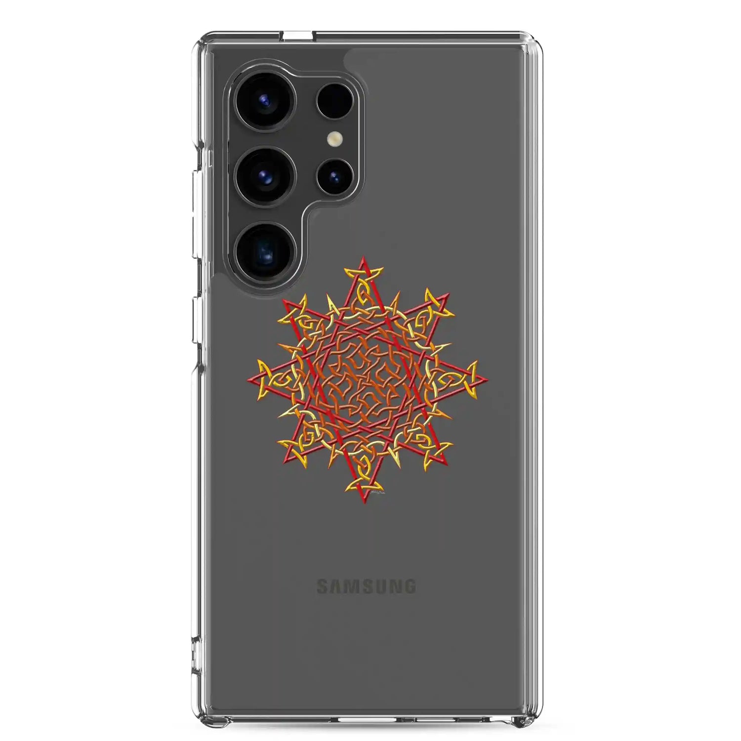 A Samsung Galaxy S24 Ultra in a Xigfireon clear phone case featuring the Fire Colour iteration of the `Morning Star Fire` Celtic knot design. The `Morning Star Fire` Celtic knot design represents the Sun.