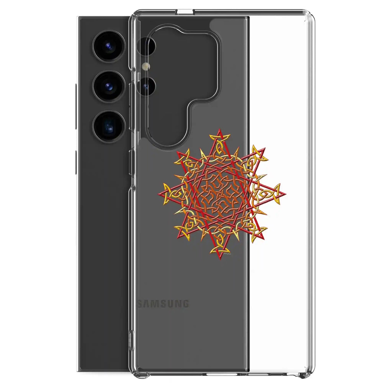 A Samsung Galaxy S24 Ultra behind a Xigfireon clear phone case featuring the Fire Colour iteration of the `Morning Star Fire` Celtic knot design. The `Morning Star Fire` Celtic knot design symbolizes Father Sun.