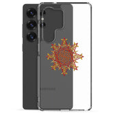 A Samsung Galaxy S25 Ultra behind a Xigfireon clear phone case featuring the Fire Colour iteration of the `Morning Star Fire` Celtic knot design. The `Morning Star Fire` Celtic knot design symbolizes Father Sun.
