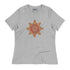A athletic heather Xigfireon woman's relaxed graphic t-shirt featuring the Fire Colour iteration of the `Morning Star Fire` Celtic knot design. The `Morning Star Fire` Celtic knot represents our glorious Father Sun.