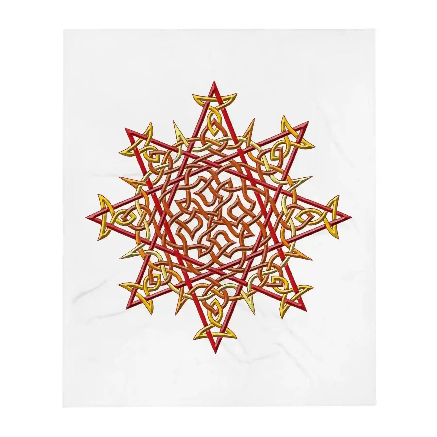 A 50 inch by 60 inch Xigfireon throw blanket featuring the Fire Colour iteration of the `Morning Star Fire` Celtic knot design. The `Morning Star Fire` Celtic knot represents the Sun.