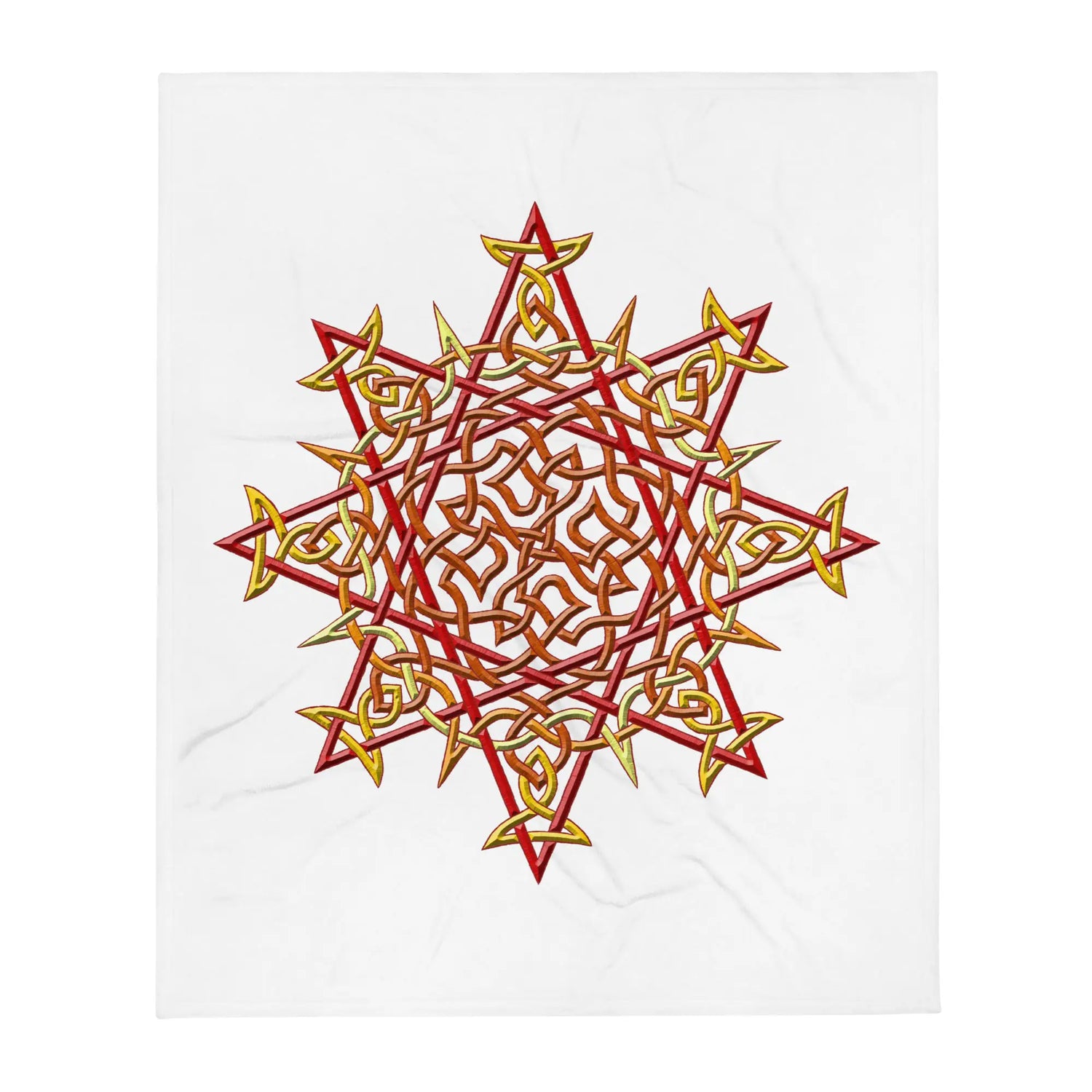 A 50 inch by 60 inch Xigfireon throw blanket featuring the Fire Colour iteration of the `Morning Star Fire` Celtic knot design. The `Morning Star Fire` Celtic knot represents the Sun.