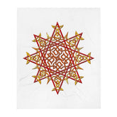 A 50 inch by 60 inch Xigfireon throw blanket featuring the Fire Colour iteration of the `Morning Star Fire` Celtic knot design. The `Morning Star Fire` Celtic knot represents the Sun.