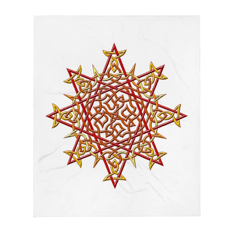 A 50 inch by 60 inch Xigfireon throw blanket featuring the Fire Colour iteration of the `Morning Star Fire` Celtic knot design. The `Morning Star Fire` Celtic knot represents the Sun.