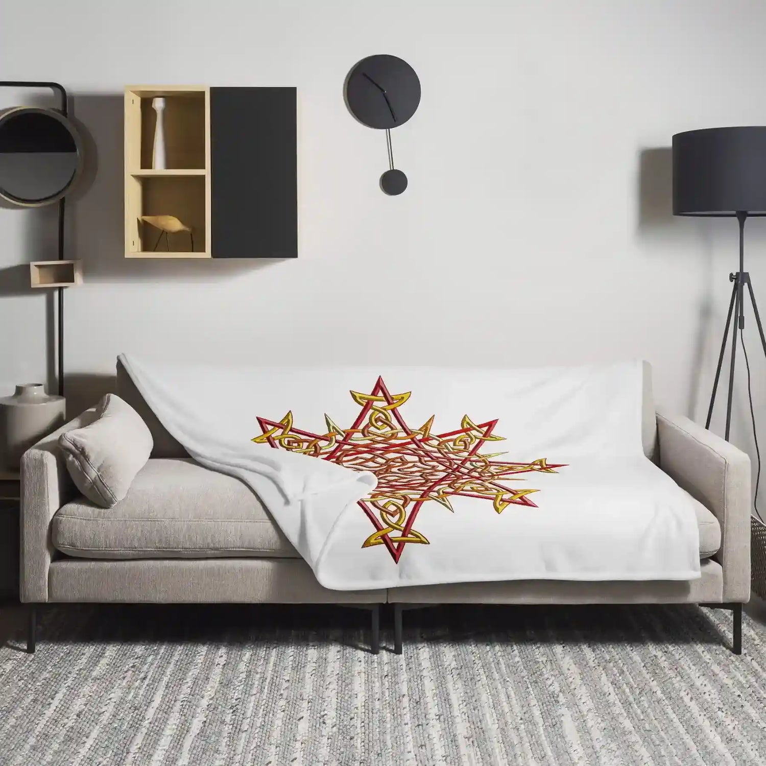 A 60 inch by 80 inch Xigfireon throw blanket featuring the Fire Colour iteration of the `Morning Star Fire` Celtic knot design. The `Morning Star Fire` Celtic knot represents the Sun.
