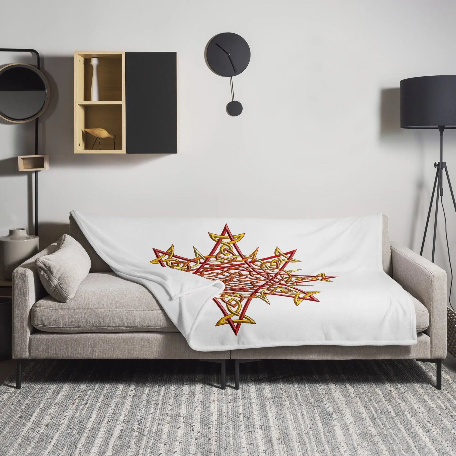 A 60 inch by 80 inch Xigfireon throw blanket featuring the Fire Colour iteration of the `Morning Star Fire` Celtic knot design. The `Morning Star Fire` Celtic knot represents the Sun.