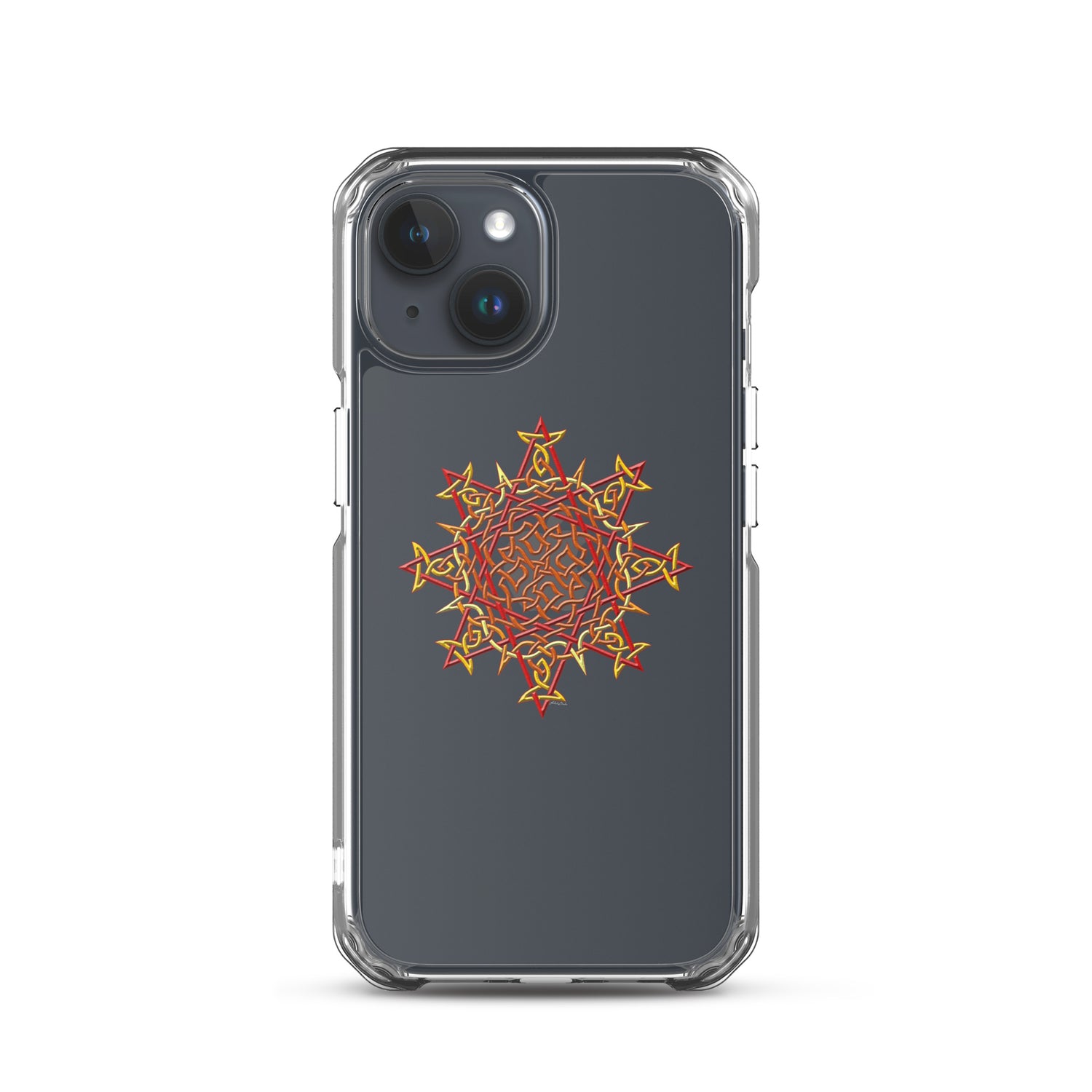 An iPhone 15 in a Xigfireon clear phone case featuring the Fire Colour iteration of the `Morning Star Fire` Celtic knot design. The `Morning Star Fire` Celtic knot design symbolizes the Sun.