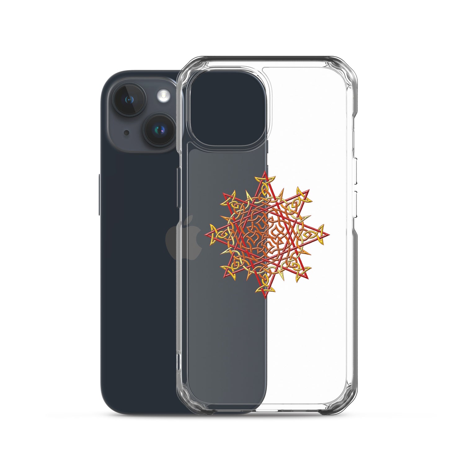 An iPhone 15 behind a Xigfireon clear phone case featuring the Fire Colour iteration of the `Morning Star Fire` Celtic knot design. The `Morning Star Fire` Celtic knot design represents Father Sun.