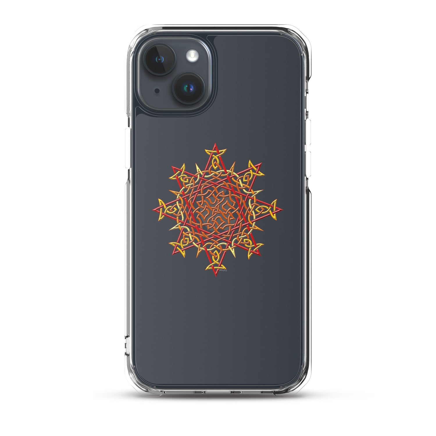 An iPhone 15 Plus in a Xigfireon clear phone case featuring the Fire Colour iteration of the `Morning Star Fire` Celtic knot design. The `Morning Star Fire` Celtic knot design symbolizes the Sun.