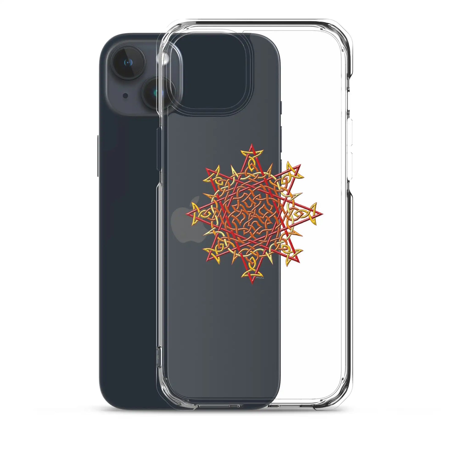 An iPhone 15 Plus behind a Xigfireon clear phone case featuring the Fire Colour iteration of the `Morning Star Fire` Celtic knot design. The `Morning Star Fire` Celtic knot design represents Father Sun.