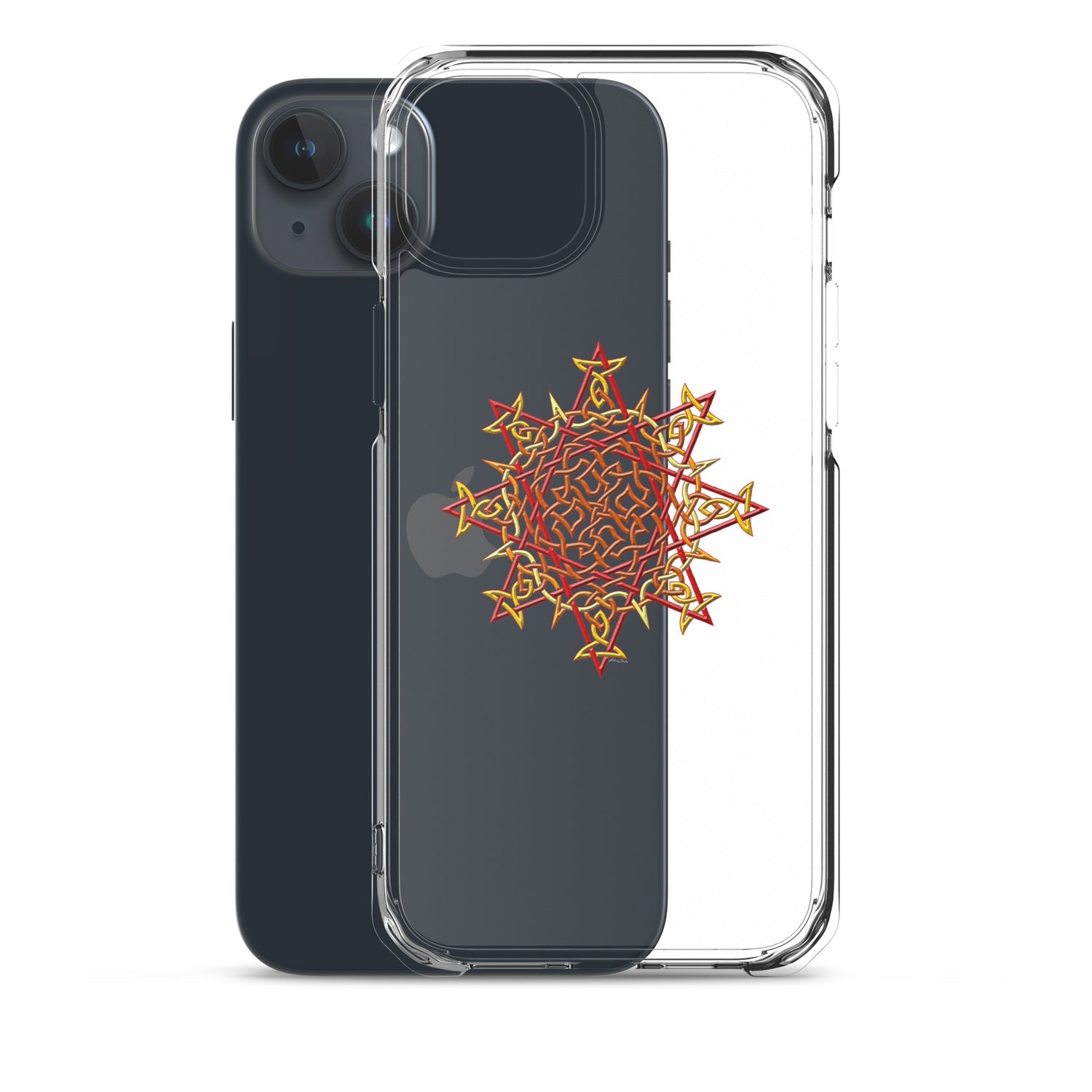 An iPhone 15 Plus behind a Xigfireon clear phone case featuring the Fire Colour iteration of the `Morning Star Fire` Celtic knot design. The `Morning Star Fire` Celtic knot design represents Father Sun.