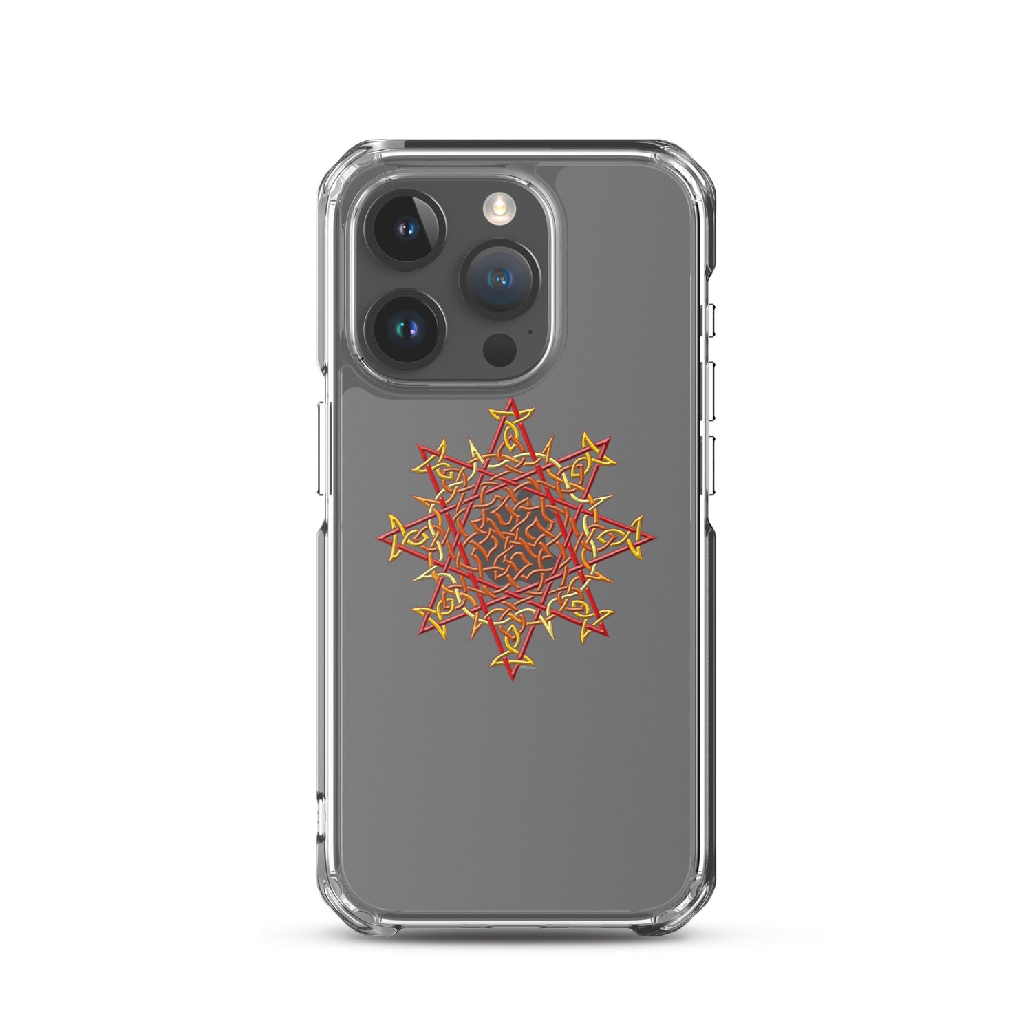 An iPhone 15 Pro in a Xigfireon clear phone case featuring the Fire Colour iteration of the `Morning Star Fire` Celtic knot design. The `Morning Star Fire` Celtic knot design symbolizes the Sun.