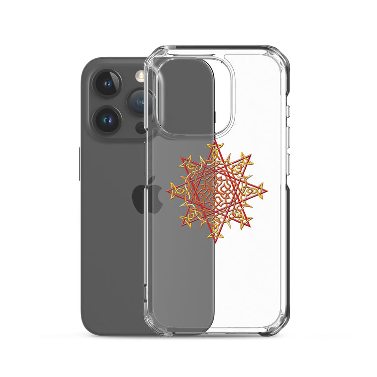 An iPhone 15 Pro behind a Xigfireon clear phone case featuring the Fire Colour iteration of the `Morning Star Fire` Celtic knot design. The `Morning Star Fire` Celtic knot design represents Father Sun.