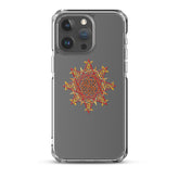 An iPhone 15 Pro Max in a Xigfireon clear phone case featuring the Fire Colour iteration of the `Morning Star Fire` Celtic knot design. The `Morning Star Fire` Celtic knot design symbolizes the Sun.