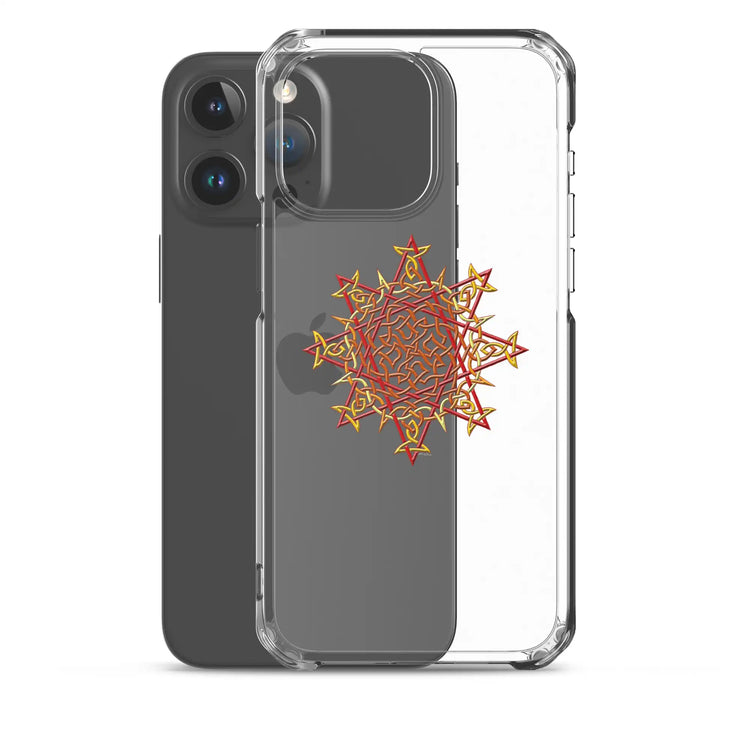 An iPhone 15 Pro Max behind a Xigfireon clear phone case featuring the Fire Colour iteration of the `Morning Star Fire` Celtic knot design. The `Morning Star Fire` Celtic knot design represents Father Sun.