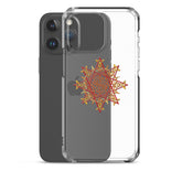 An iPhone 15 Pro Max behind a Xigfireon clear phone case featuring the Fire Colour iteration of the `Morning Star Fire` Celtic knot design. The `Morning Star Fire` Celtic knot design represents Father Sun.