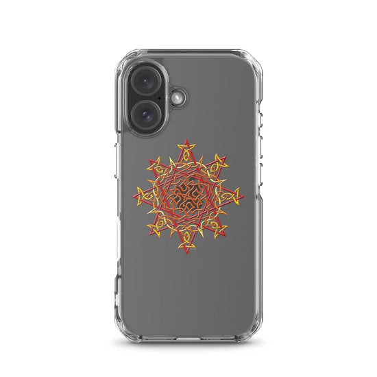 An iPhone 16 in a Xigfireon clear phone case featuring the Fire Colour iteration of the `Morning Star Fire` Celtic knot design. The `Morning Star Fire` Celtic knot design symbolizes the Sun.