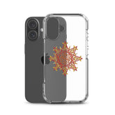 An iPhone 16 behind a Xigfireon clear phone case featuring the Fire Colour iteration of the `Morning Star Fire` Celtic knot design. The `Morning Star Fire` Celtic knot design represents Father Sun.