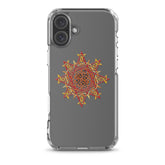 An iPhone 16 Plus in a Xigfireon clear phone case featuring the Fire Colour iteration of the `Morning Star Fire` Celtic knot design. The `Morning Star Fire` Celtic knot design symbolizes the Sun.