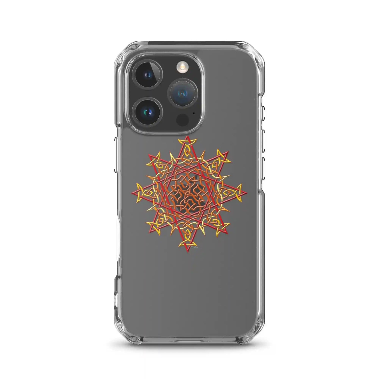 An iPhone 16 Pro in a Xigfireon clear phone case featuring the Fire Colour iteration of the `Morning Star Fire` Celtic knot design. The `Morning Star Fire` Celtic knot design symbolizes the Sun.