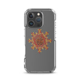 An iPhone 16 Pro in a Xigfireon clear phone case featuring the Fire Colour iteration of the `Morning Star Fire` Celtic knot design. The `Morning Star Fire` Celtic knot design symbolizes the Sun.