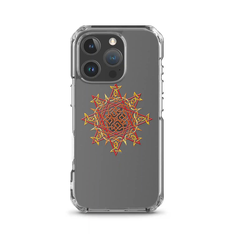 An iPhone 16 Pro in a Xigfireon clear phone case featuring the Fire Colour iteration of the `Morning Star Fire` Celtic knot design. The `Morning Star Fire` Celtic knot design symbolizes the Sun.