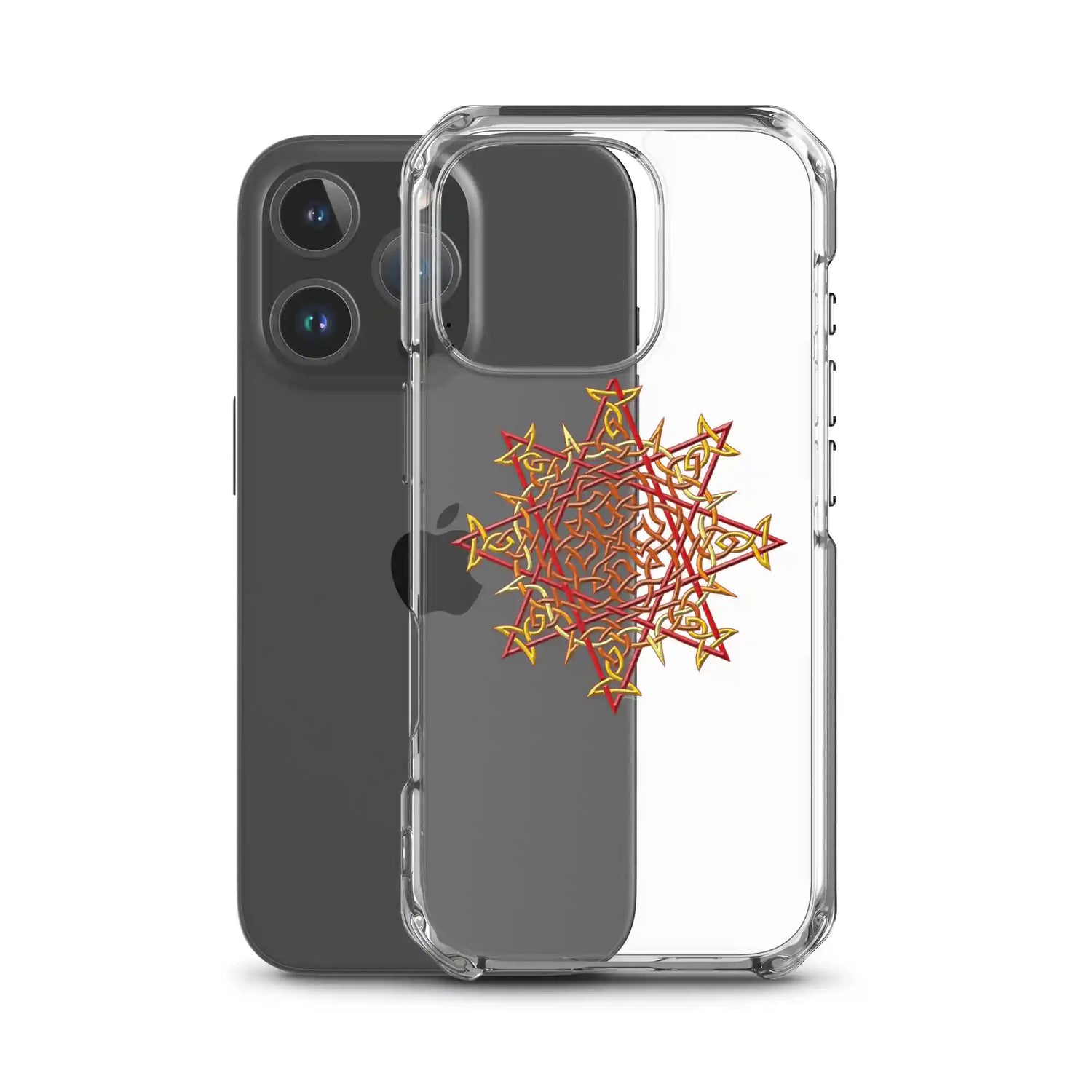 An iPhone 16 Pro behind a Xigfireon clear phone case featuring the Fire Colour iteration of the `Morning Star Fire` Celtic knot design. The `Morning Star Fire` Celtic knot design represents Father Sun.