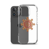 An iPhone 16 Pro behind a Xigfireon clear phone case featuring the Fire Colour iteration of the `Morning Star Fire` Celtic knot design. The `Morning Star Fire` Celtic knot design represents Father Sun.