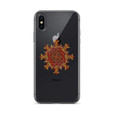 An iPhone XS in a Xigfireon clear phone case featuring the Fire Colour iteration of the `Morning Star Fire` Celtic knot design. The `Morning Star Fire` Celtic knot design represents Father Sun.
