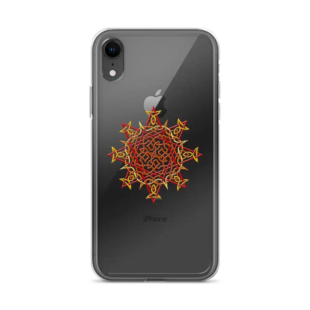 An iPhone XR in a Xigfireon clear phone case featuring the Fire Colour iteration of the `Morning Star Fire` Celtic knot design. The `Morning Star Fire` Celtic knot design represents Father Sun.