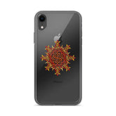 An iPhone XR in a Xigfireon clear phone case featuring the Fire Colour iteration of the `Morning Star Fire` Celtic knot design. The `Morning Star Fire` Celtic knot design represents Father Sun.