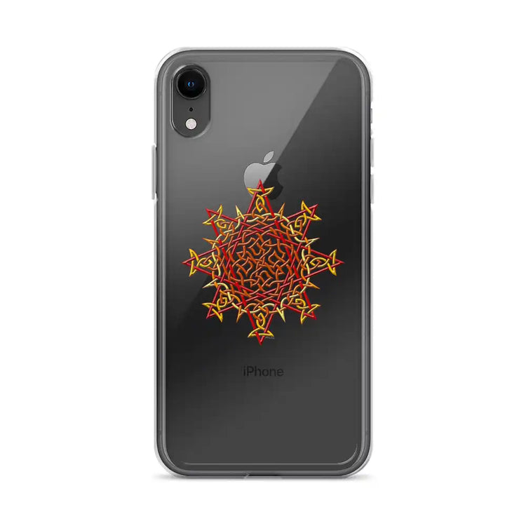 An iPhone XR in a Xigfireon clear phone case featuring the Fire Colour iteration of the `Morning Star Fire` Celtic knot design. The `Morning Star Fire` Celtic knot design represents Father Sun.