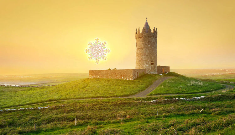 `Morning Star Fire` Celtic knot superimposed on the Sun setting in a yellow-orange sky over Doonagore Castle in Ireland.